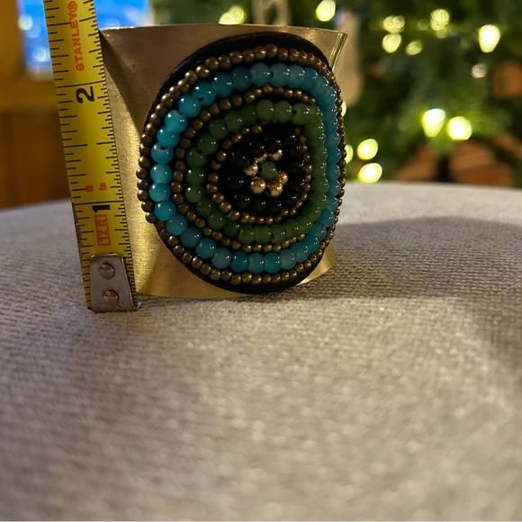 Vibrant Cuff bracelet with green, turquoise, black & gold, adjustable - Picture 5 of 6